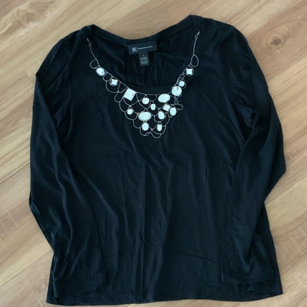INC International Concepts Black Long-Sleeve Top with Neckline Embellishment